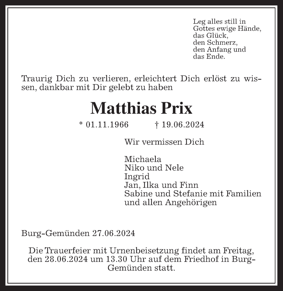  Traueranzeige für Matthias Prix vom 27.06.2024 aus Giessener Allgemeine, Alsfelder Allgemeine