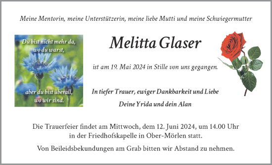 Traueranzeige von Melitta Glaser von Wetterauer Zeitung, Butzbacher Zeitung