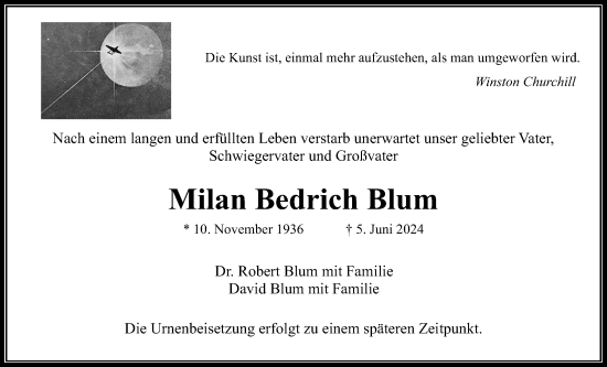 Traueranzeige von Milan Bedrich Blum von Wetterauer Zeitung