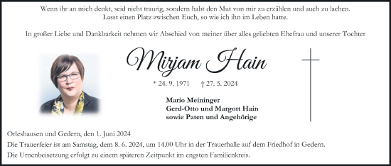 Traueranzeige von Mirjam Hain von Kreis-Anzeiger