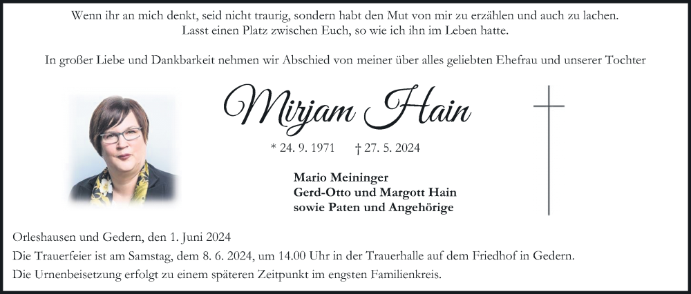  Traueranzeige für Mirjam Hain vom 01.06.2024 aus Kreis-Anzeiger