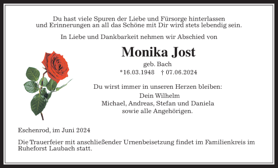 Traueranzeige von Monika Jost von Kreis-Anzeiger