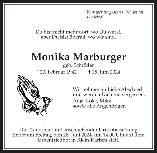 Traueranzeige von Monika Marburger von Bad Vilbel/Karben