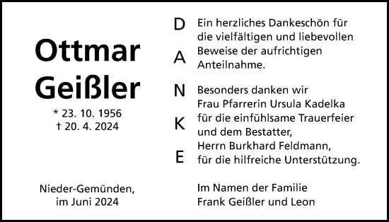 Traueranzeige von Ottmar Geißler von Oberhessische Zeitung