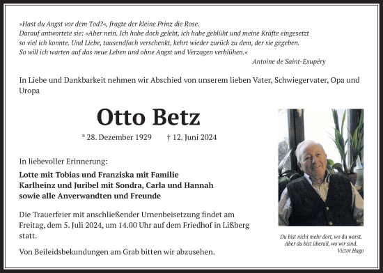 Traueranzeige von Otto Betz von Kreis-Anzeiger