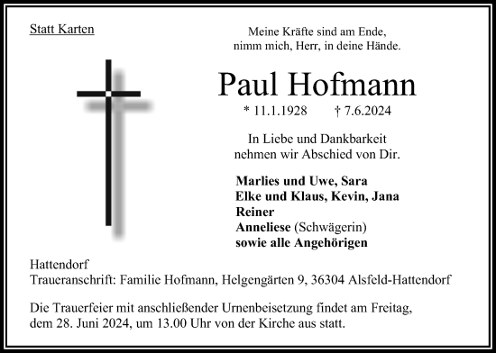 Traueranzeige von Paul Hofmann von Oberhessische Zeitung