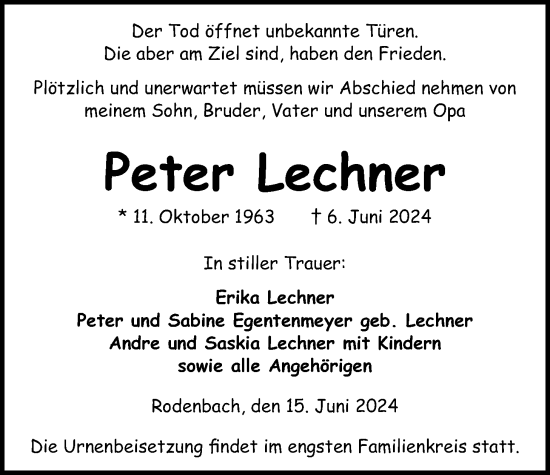 Traueranzeige von Peter Lechner von Kreis-Anzeiger