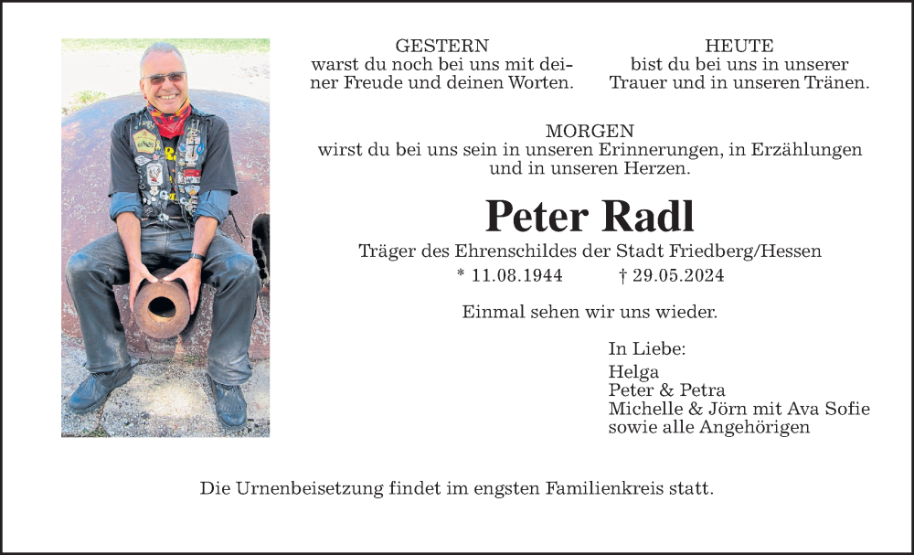  Traueranzeige für Peter Radl vom 08.06.2024 aus Wetterauer Zeitung