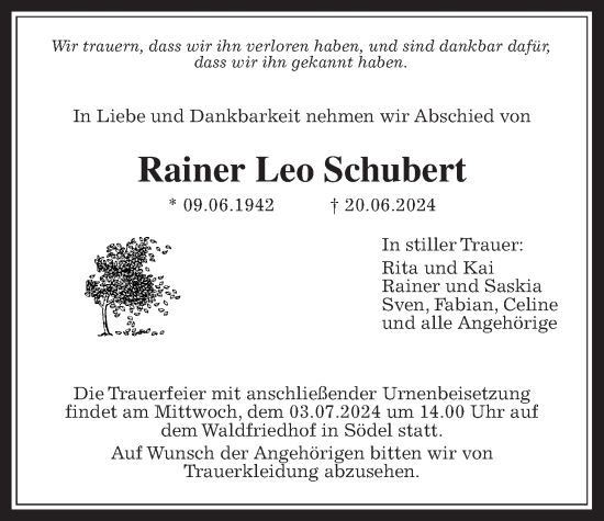 Traueranzeige von Rainer Leo Schubert von Wetterauer Zeitung