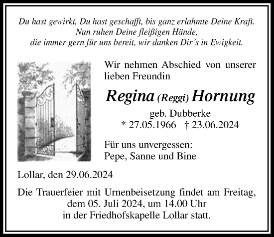 Traueranzeige von Regina Hornung von Giessener Allgemeine, Alsfelder Allgemeine