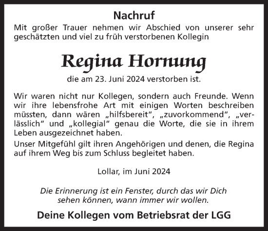 Traueranzeige von Regina Hornung von Giessener Allgemeine, Alsfelder Allgemeine
