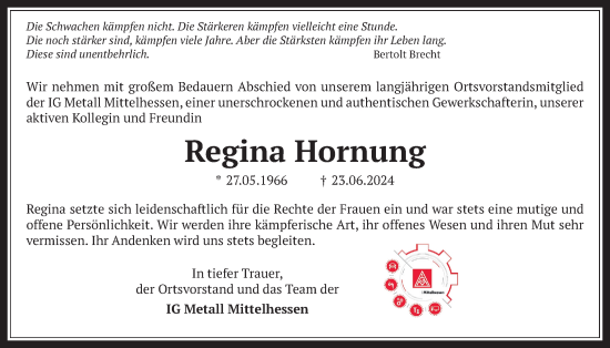 Traueranzeige von Regina Hornung von Giessener Allgemeine, Alsfelder Allgemeine, Giessener Anzeiger