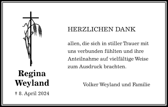 Traueranzeige von Regina Weyland von Bad Vilbel/Karben, Wetterauer Zeitung