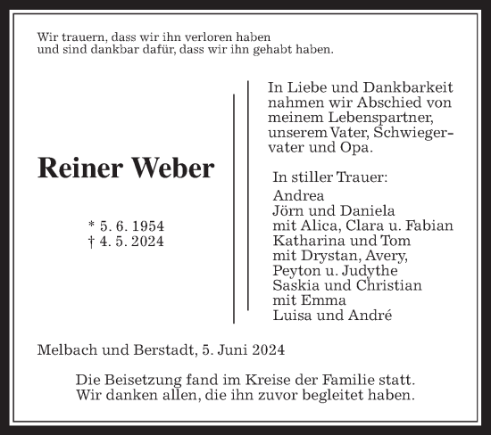 Traueranzeige von Reiner Weber von Wetterauer Zeitung