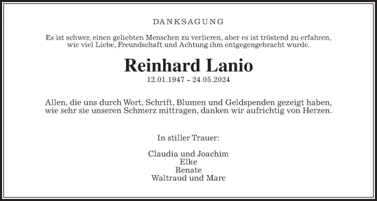 Traueranzeige von Reinhard Lanio von Usinger Anzeiger, Usinger Anzeigenblatt