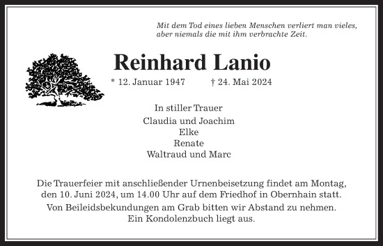 Traueranzeige von Reinhard Lanio von Usinger Anzeiger, Usinger Anzeigenblatt