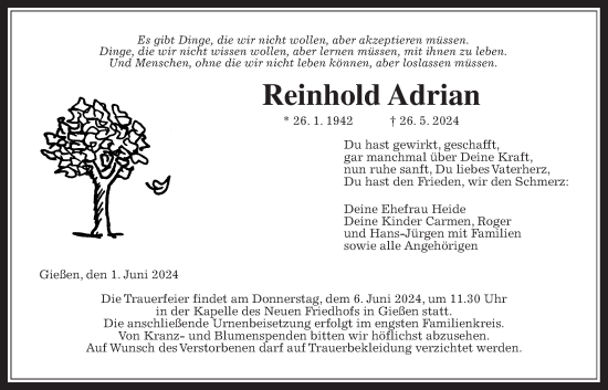 Traueranzeige von Reinhold Adrian von Giessener Anzeiger
