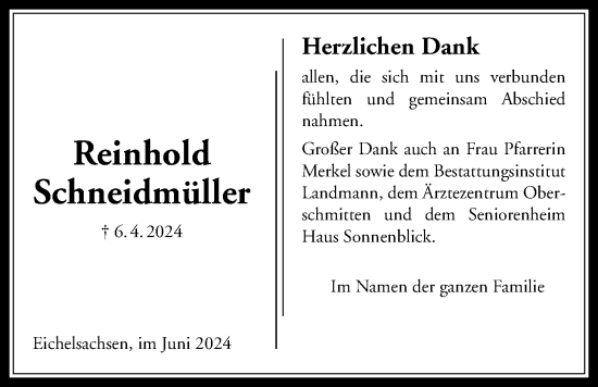 Traueranzeige von Reinhold Schneidmüller von Kreis-Anzeiger
