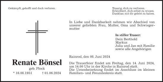 Traueranzeige von Renate Bönsel von Kreis-Anzeiger