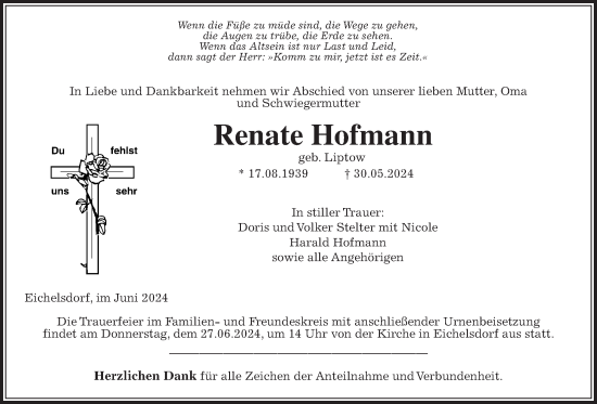 Traueranzeige von Renate Hofmann von Kreis-Anzeiger