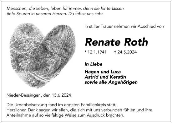 Traueranzeige von Renate Roth von Giessener Anzeiger, Giessener Allgemeine, Alsfelder Allgemeine