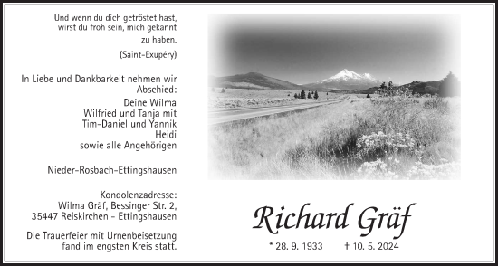 Traueranzeige von Richard Gräf von Wetterauer Zeitung