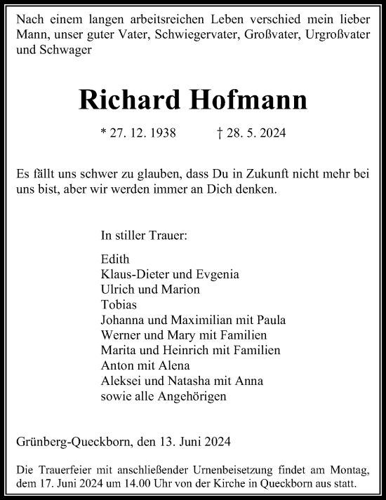 Traueranzeige von Richard Hofmann von Giessener Allgemeine, Alsfelder Allgemeine, Heimatzeitung Grünberg + Laubach