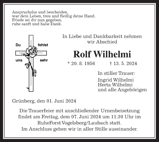 Traueranzeige von Rolf Wilhelmi von Giessener Allgemeine, Alsfelder Allgemeine