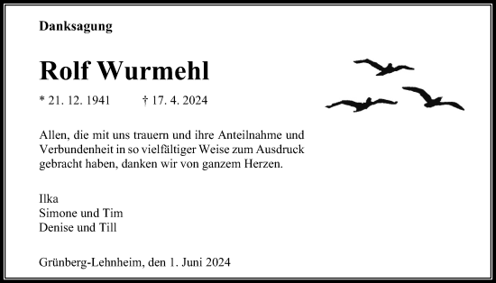 Traueranzeige von Rolf Wurmehl von Giessener Allgemeine, Alsfelder Allgemeine