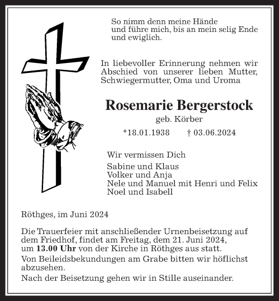 Traueranzeige von Rosemarie Bergerstock von Laubacher Anzeiger, Giessener Allgemeine, Alsfelder Allgemeine, Giessener Allgemeine, Alsfelder Allgemeine