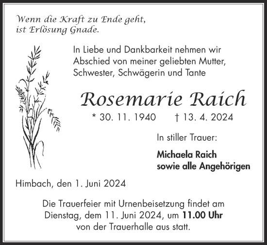 Traueranzeige von Rosemarie Raich von Kreis-Anzeiger
