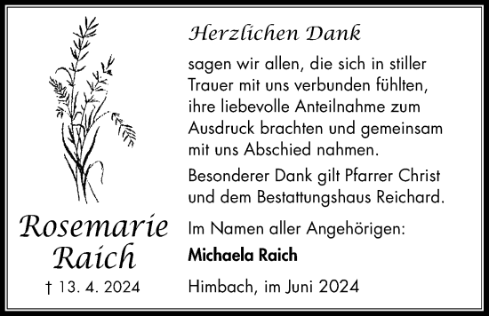 Traueranzeige von Rosemarie Raich von Kreis-Anzeiger