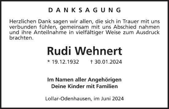 Traueranzeige von Rudi Wehnert von Giessener Allgemeine, Alsfelder Allgemeine