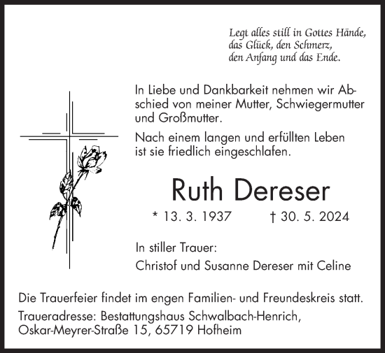 Traueranzeige von Ruth Dereser 