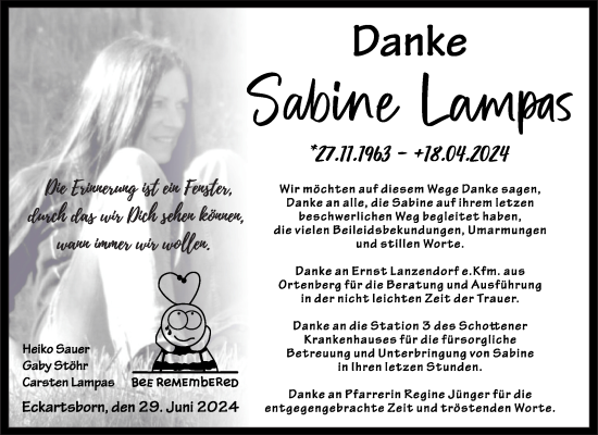 Traueranzeige von Sabine Lampas von Kreis-Anzeiger