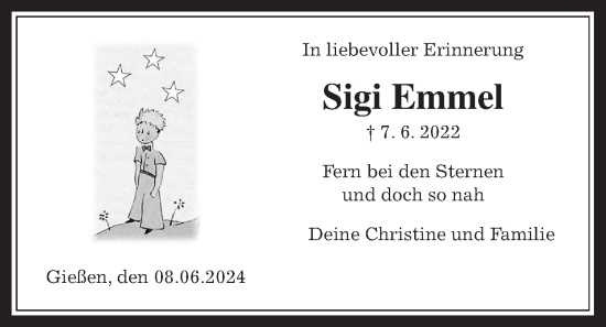 Traueranzeige von Sigi Emmel von Giessener Allgemeine, Alsfelder Allgemeine