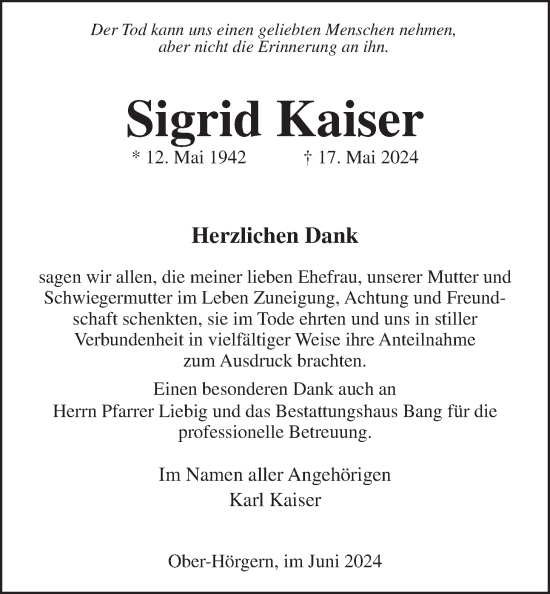 Traueranzeige von Sigrid Kaiser von Butzbacher Zeitung