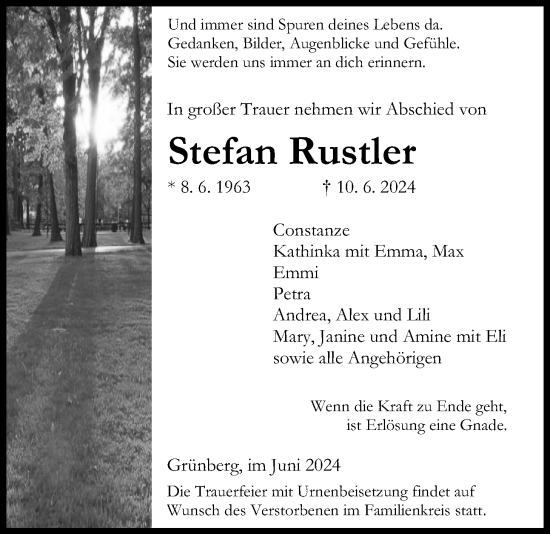 Traueranzeige von Stefan Rustler von Giessener Allgemeine, Alsfelder Allgemeine