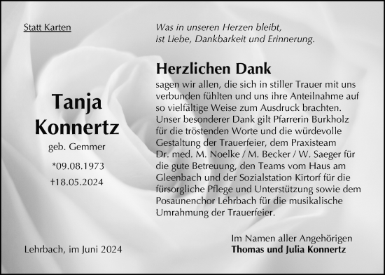 Traueranzeige von Tanja Konnertz von Alsfelder Allgemeine, Oberhessische Zeitung