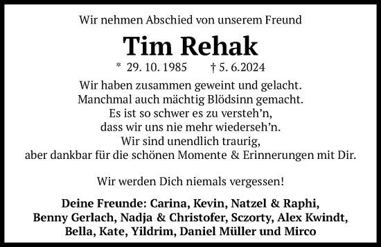 Traueranzeige von Tim Rehak von Kreis-Anzeiger, 