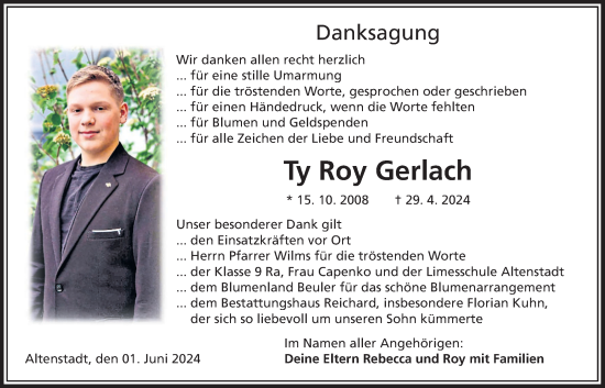Traueranzeige von Ty Roy Gerlach von Kreis-Anzeiger