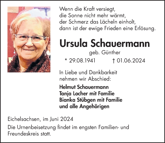 Traueranzeige von Ursula Schauermann von Kreis-Anzeiger