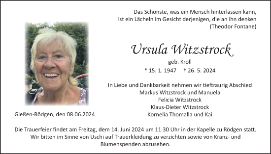 Traueranzeige von Ursula Witzstrock von Giessener Anzeiger, Giessener Allgemeine, Alsfelder Allgemeine