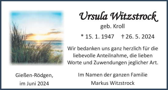 Traueranzeige von Ursula Witzstrock von Giessener Allgemeine, Alsfelder Allgemeine, Giessener Anzeiger