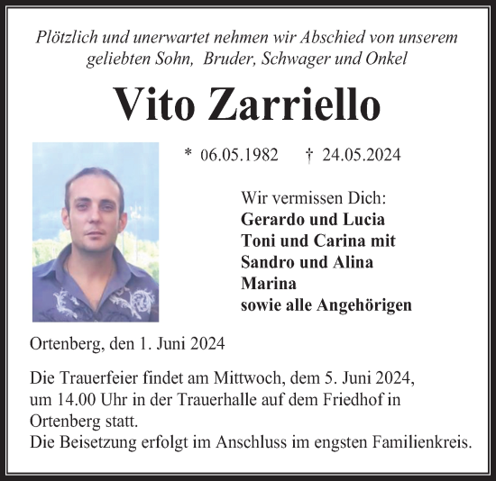 Traueranzeige von Vito Zarriello von Kreis-Anzeiger