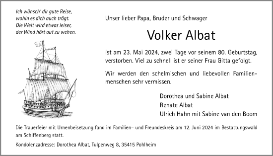 Traueranzeige von Volker Albat von Giessener Anzeiger, Giessener Allgemeine, Alsfelder Allgemeine