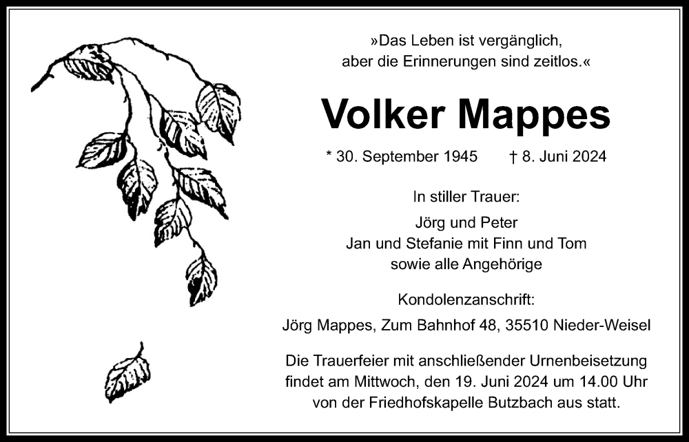 Traueranzeige für Volker Mappes vom 13.06.2024 aus Butzbacher Zeitung