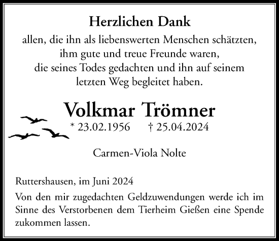 Traueranzeige von Volkmar Trömner von Giessener Allgemeine, Alsfelder Allgemeine