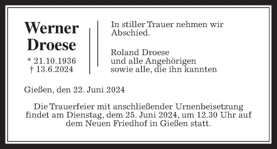Traueranzeige von Werner Droese von Giessener Allgemeine, Alsfelder Allgemeine