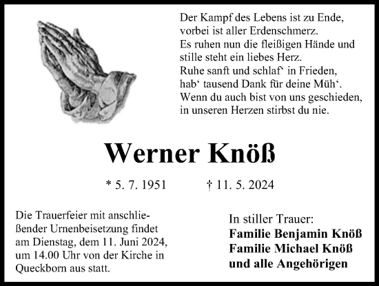 Traueranzeige von Werner Knöß von Giessener Anzeiger, Giessener Allgemeine, Alsfelder Allgemeine